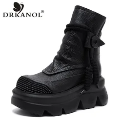 DRKANOL Fashion Thick Bottom Retro boots Women Autumn Winter Thick Plush Warm Platform Wedges Heel Back Zipper Ankle Boots Lady