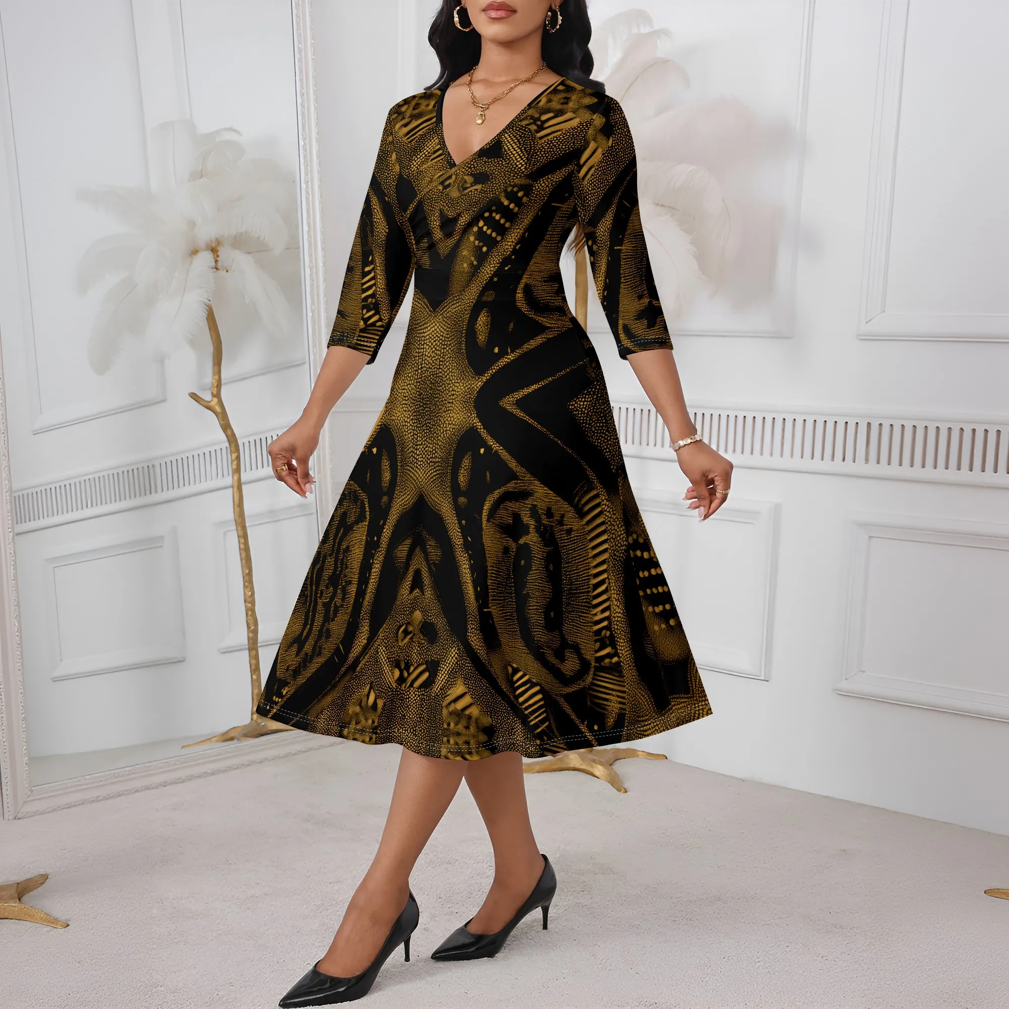 

Gold Tribal Symbol Print Midi Dress XS-3XL V-Neck 3/4 Sleeve A-Line Style for Church, Kwanzaa or Cultural Celebration Look