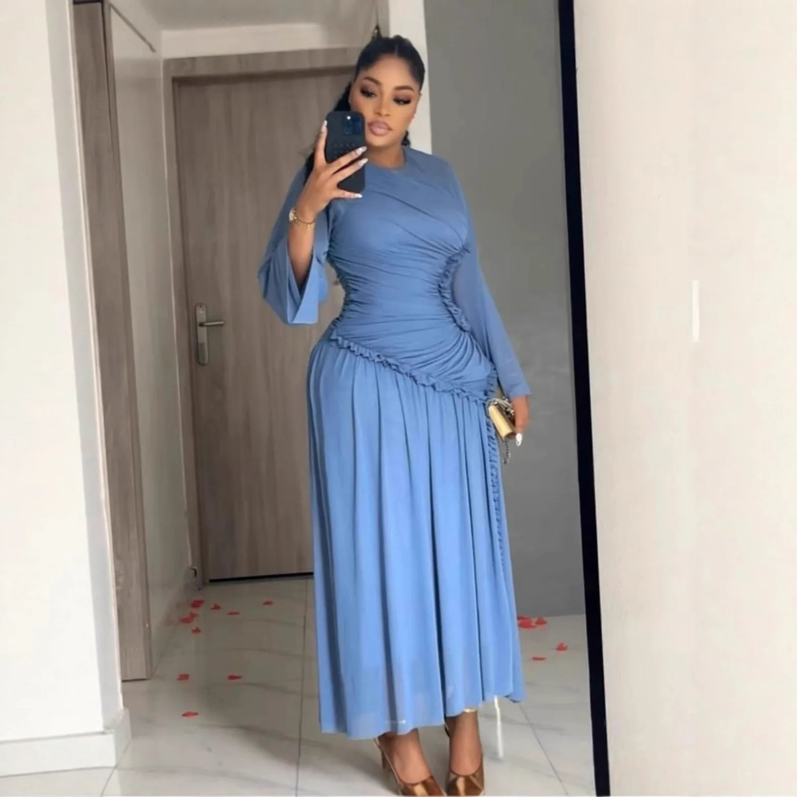 

Female Clothing Dress Fashion Solid Color O-neck Draped Design Evening Dress Spring New Lady High Waist Elegant Party Dresses