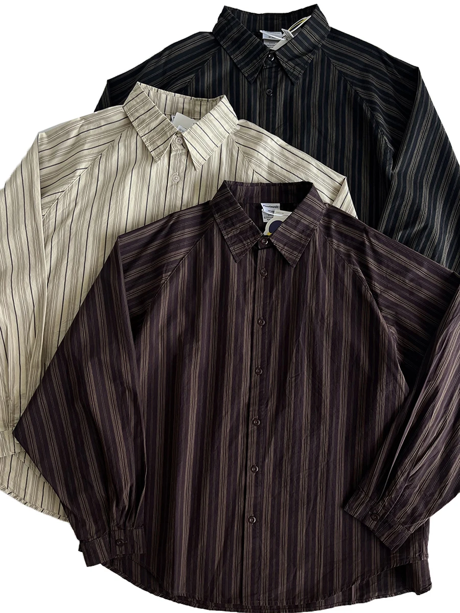 

Винтажная хлопковая рубашка в японском стиле с длинными рукавами и полосками, мужская свободная повседневная рубашка, бренд Planet Music, молодежная мода