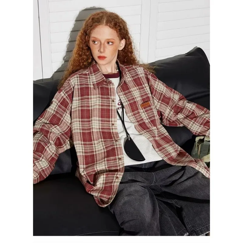 Ropa de trabajo de manga larga, ropa Popular coreana, camisa a cuadros Traf American High Street, camisas de marca de moda, estilo de diseñador Retro