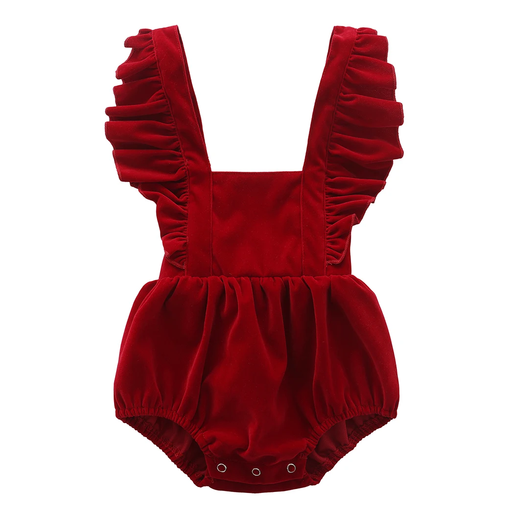 Christmas Velvet Baby Girls Romper Fall Winter Ruffles Lace Sleeveless Jumpsuit for Toddler One-Piece Xmas Infant Clothing 0-24M