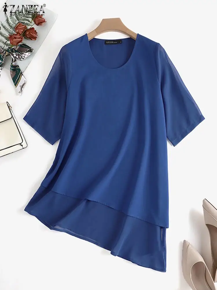 ZANZEA Women 2024 Fashion Chiffon Blouses 3/4 Sleeve Double-Layered Blusas Casual O-Neck Irregular Hem Shirt Tops Oversized