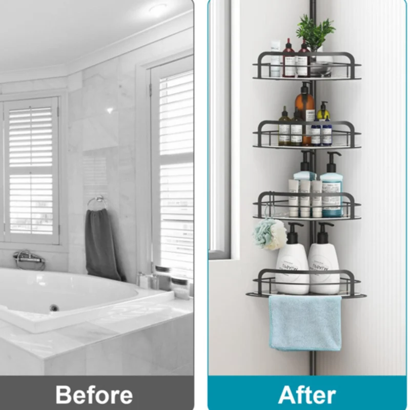 Rust-Resistant Corner For Bathroom Adjustable Shelves With Tension Pole Bar Hanging Hook Floor Standing Bath Storage Rack black