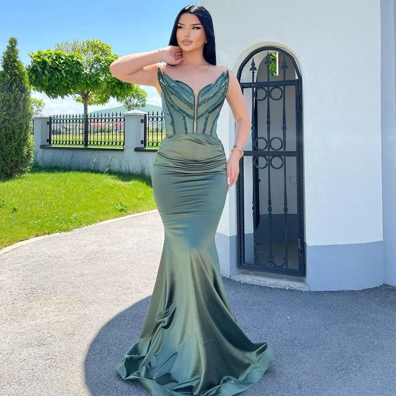 

Thinyfull Sexy Prom Evening Dresses Green Beadings Sleeveless Floor Length Party Dress Night Mermaid Cocktail Gowns Plus Size