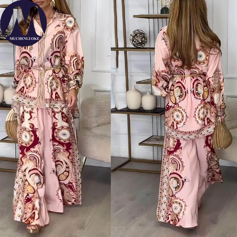 

Set 2 Piece Woman 2025 Summer New Versatile Printed Long Sleeves Lapel Shirt Suits Fashionable Casual Loose Wide Leg Pants Sets