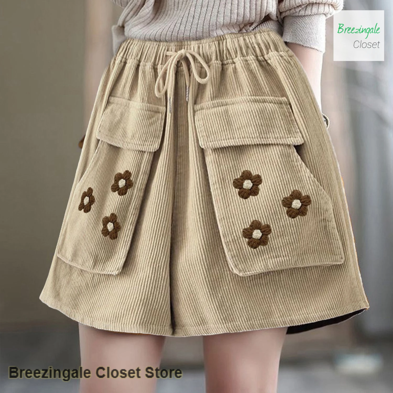 

French extra-large corduroy shorts women's autumn and winter new loose Chinese style pocket crochet Joker casual wide legs.