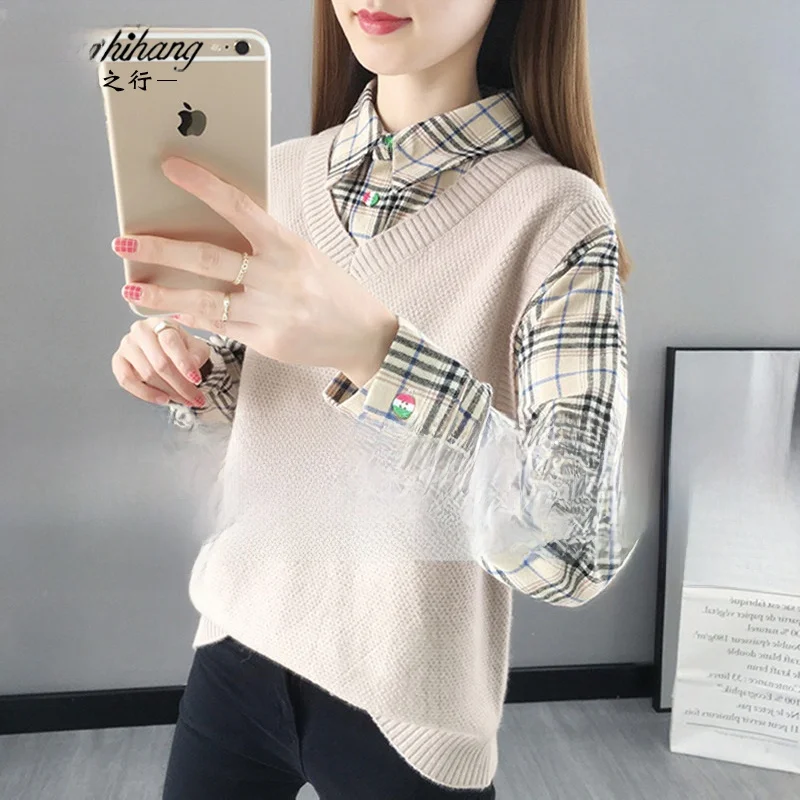 

Fall 2025 New Sle Women's ort Knitted Base irt Inner Wear Faux Two-Piece Set Warm Commute Faion Pure Color Sweater