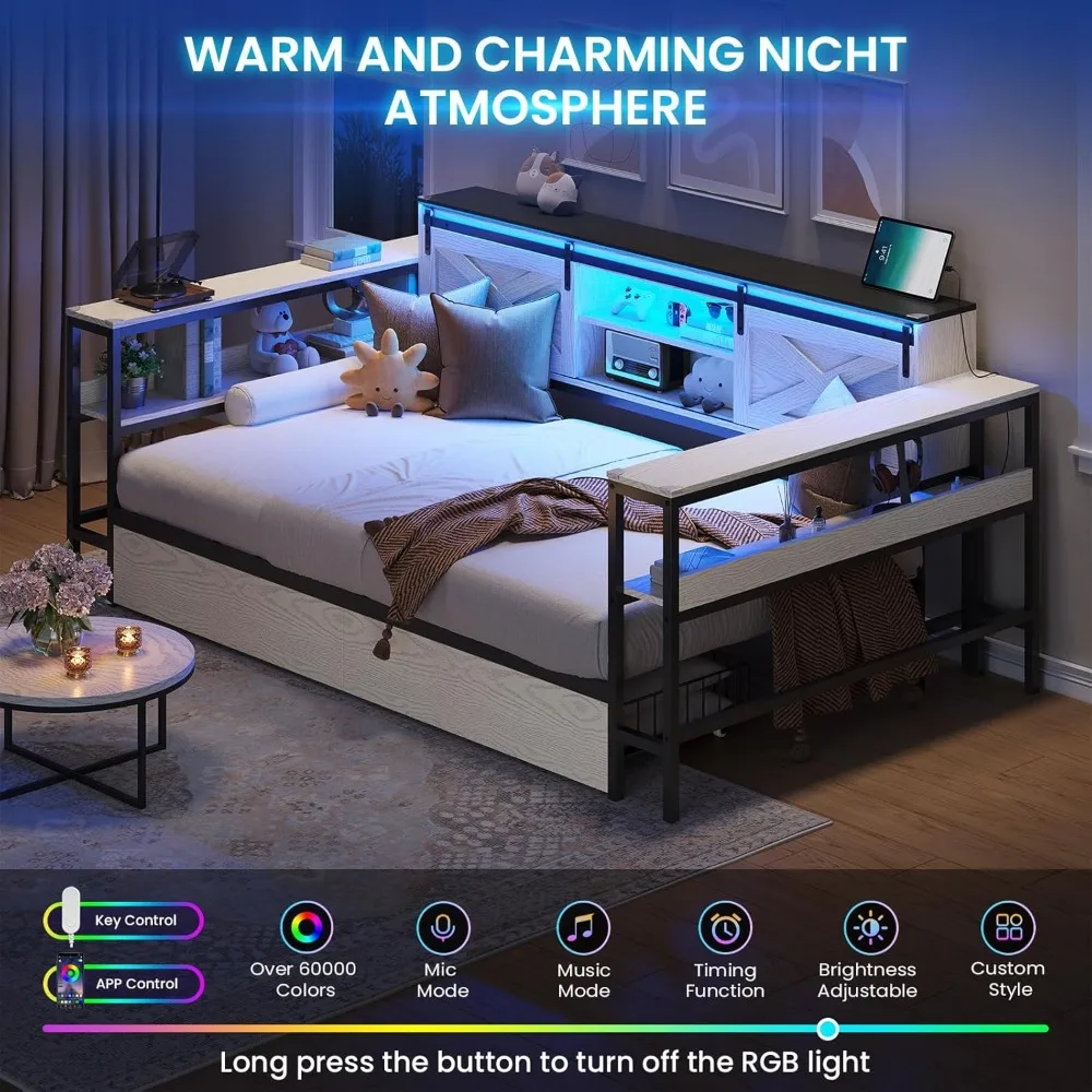 Estrutura de cama dupla XL de canto com gavetas de armazenamento, estação de carregamento e luzes LED Farmhouse Twin XL Daybed com cabeça de armazenamento