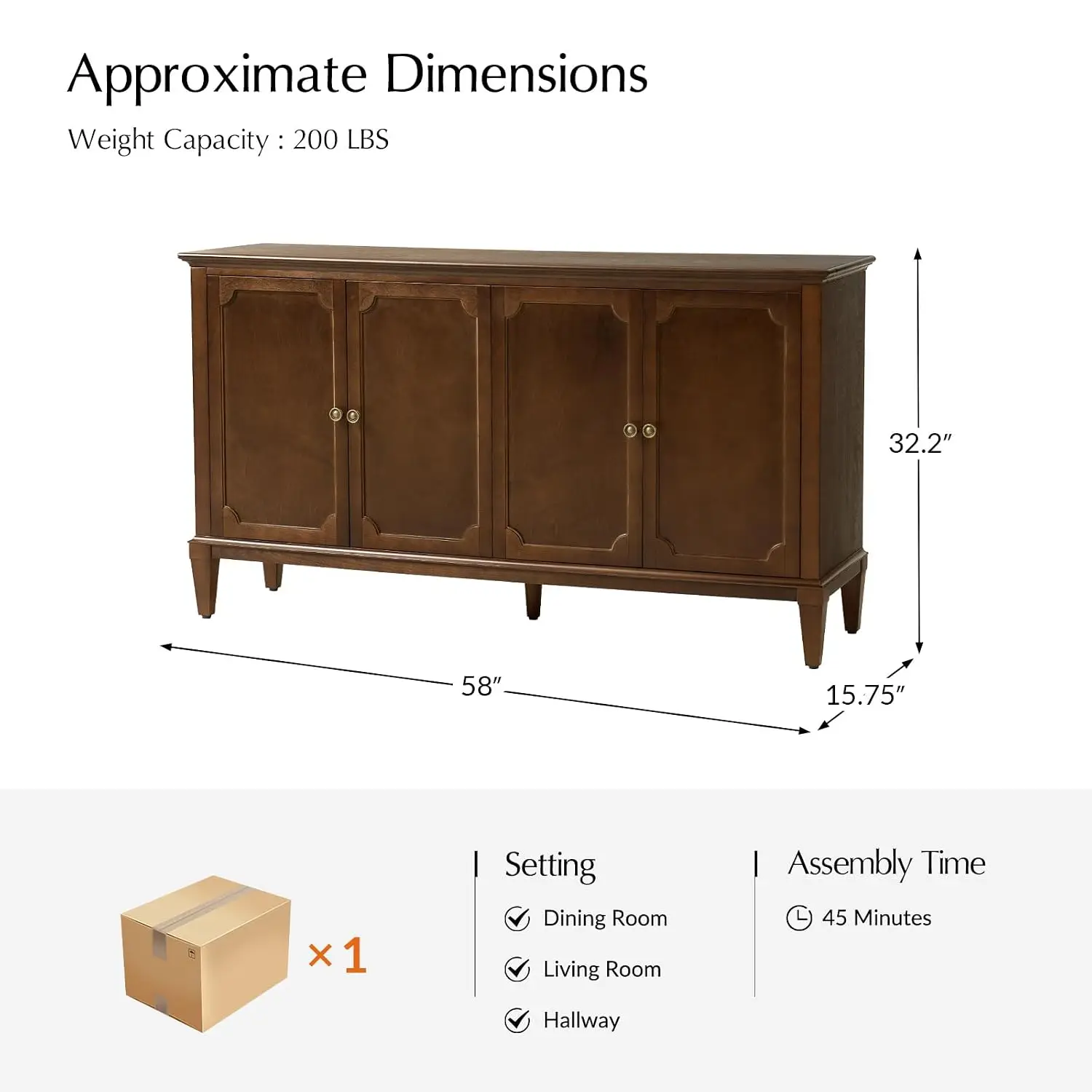 Mid-Century Modern Sideboard Cabinet, 4-Door Storage Buffet, 58