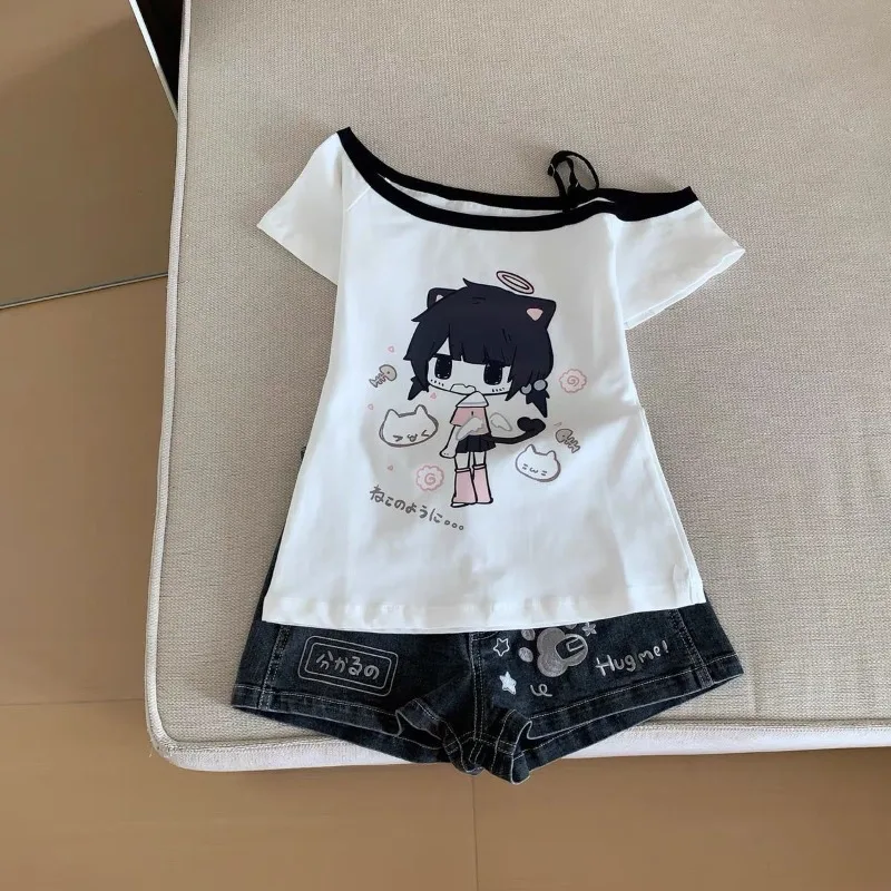 Japanese Y2K Print Skew Collar T-Shirts Summer Off Shoulder Short Sleeve Tee Shirt New Loose All-Match Top for Women - view 2