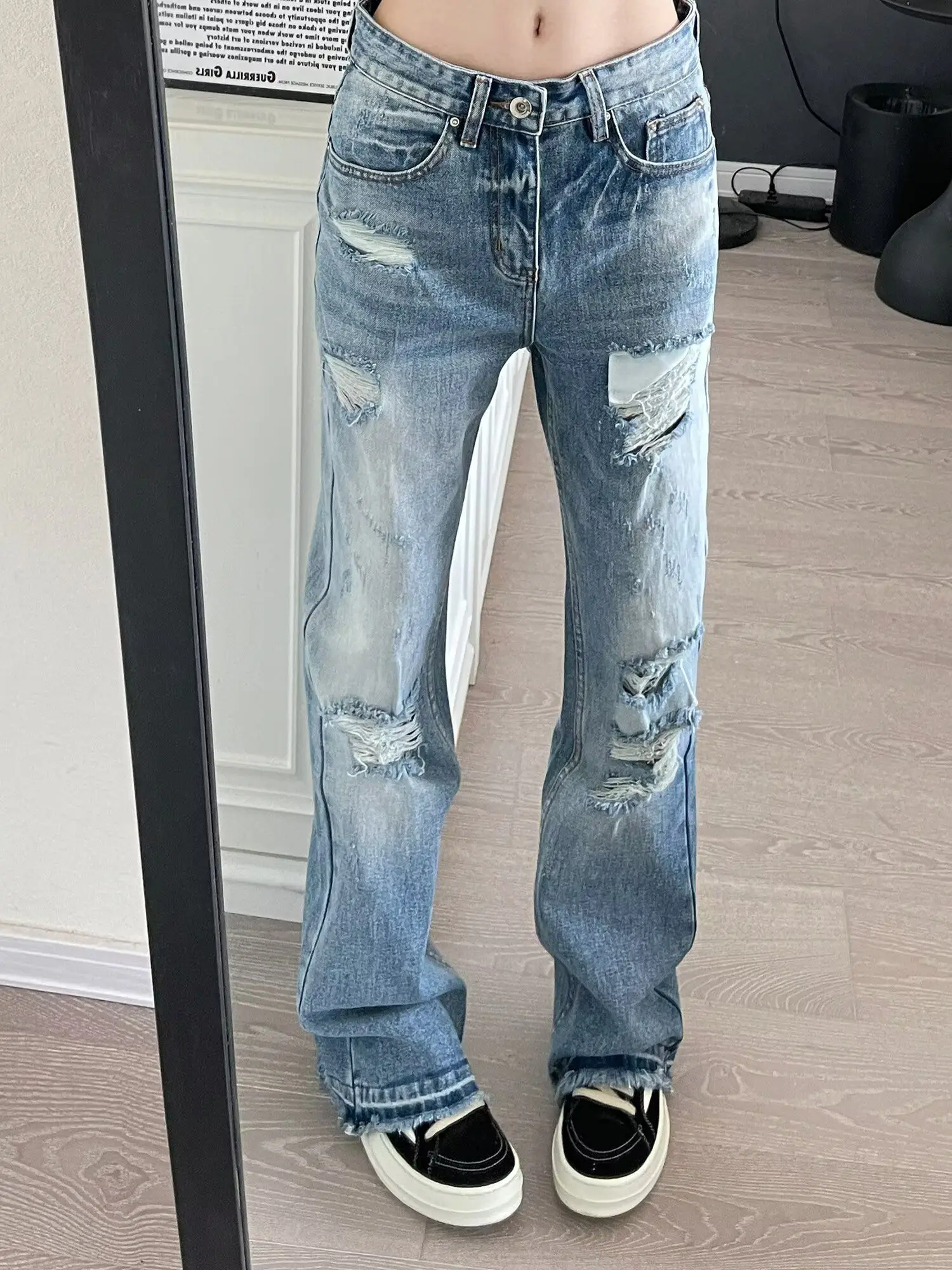 Y2K Destroyed Jeans Unisex American Vintage Lightning Ripped Micro Flare Torn Hem Tall Fitting Denim