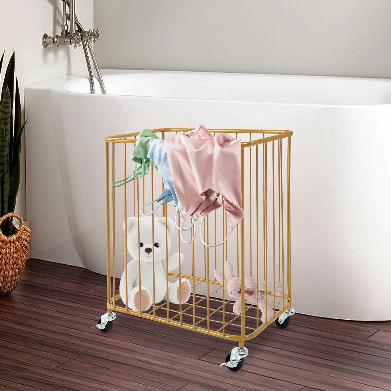 

Metal Laundry Basket Cart,Rolling Laundry Hamper with Wheels Clothes or Linen Storage Organize Hamper Bin for Living （Gold）