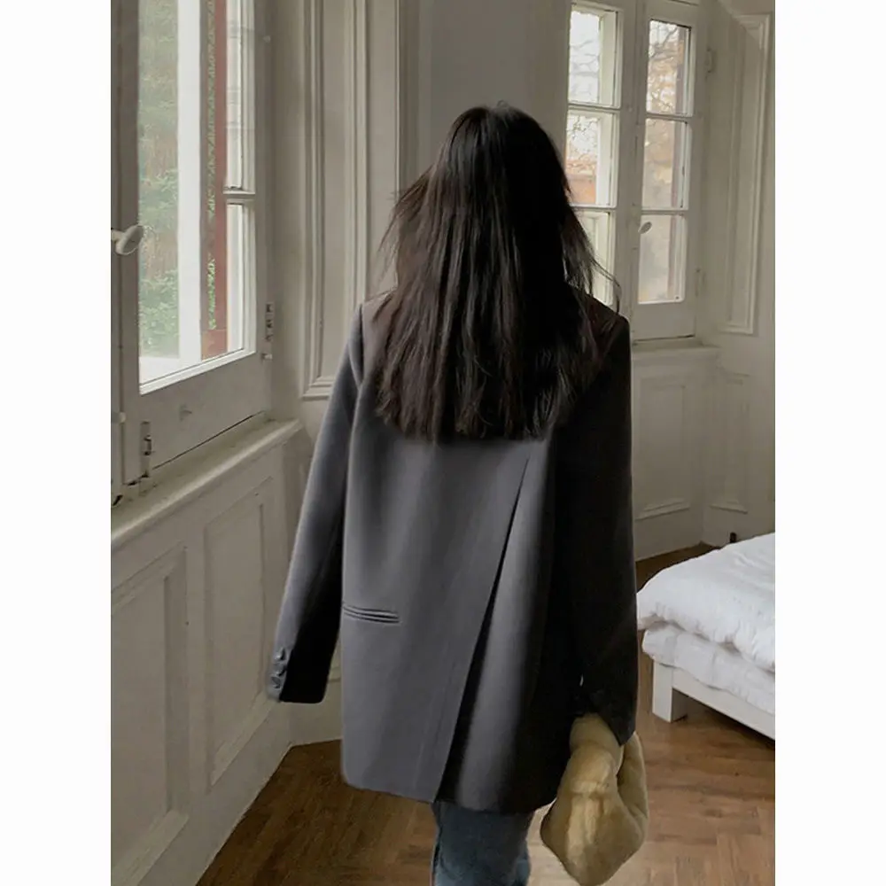 

Женский черный пиджак, пиджак с длинными рукавами, корейский модный офисный пиджак с разрезом сзади, женское свободное пальто