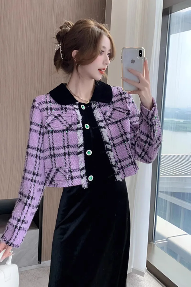Women\'s Autumn Winter 2023 New Popular Plaid Purple Tweed Coat Korean Fashion Outwear Jacket