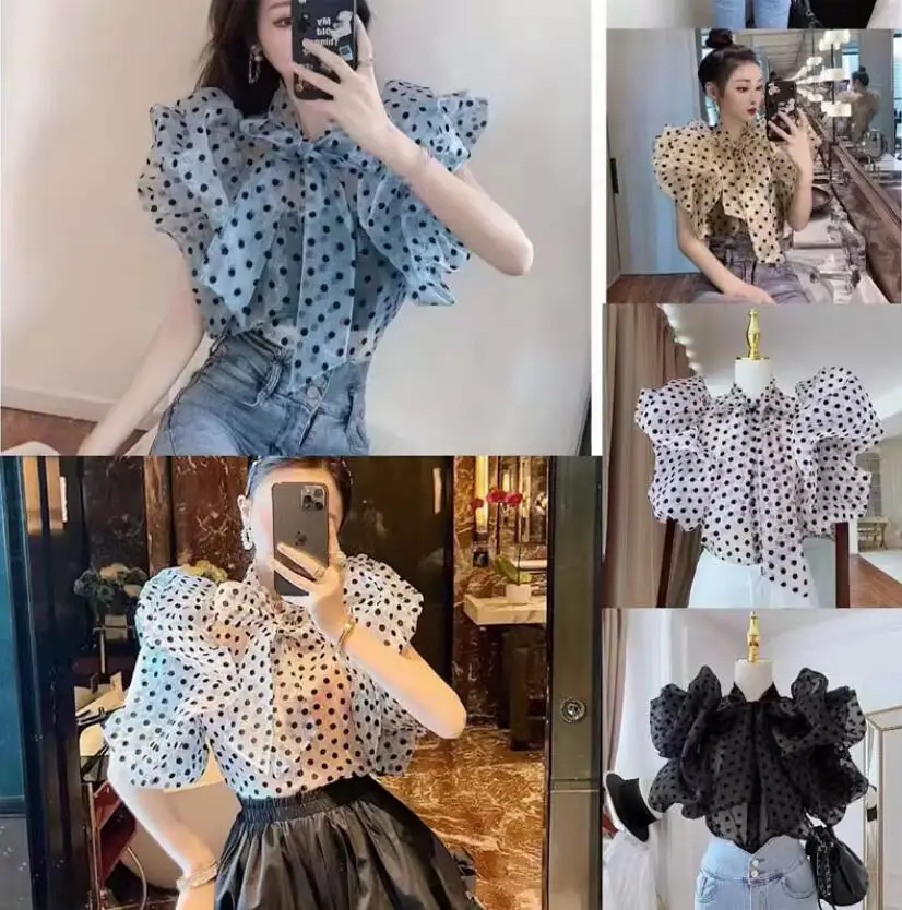 French Temperament Vintage Polka Dot Bow Lacing Up Chiffon Blouse Women Elegant Short Puff Sleeve Slim Shirt Tops s614