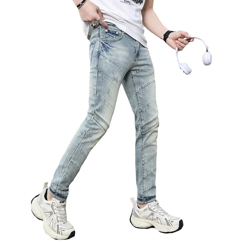 Fashion jeans men2024new trendy unique Stretch Slim high-end retro washed splicing machine long pants