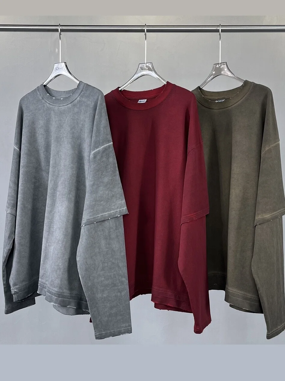 

Trendy American Aalyptic Sle Long Sve T-irt Fake Two-Piece Oversize ex Base irt Breathable Cotton round Ne