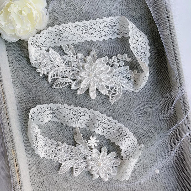 Bride Sexy Lace Flower Rhinestones Pearls Wedding Garter Belt Bridal White Thigh Leg Garter Ring for Women Wedding Accessories