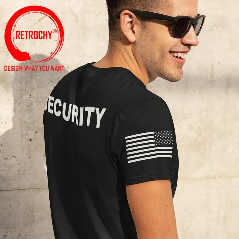 Security T-Shirt 2-Sided Front Back Print Security Guard Shirt, Event Staff Shirt with USA Flag on Arm T Shirt For Men Tee Shirt