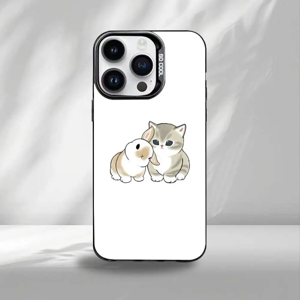 C-ute Mofusands Cat Phone Case For iPhone17,16,15,14,13,12,11 Plus,Pro Max Black Border Silver  Plated Cover