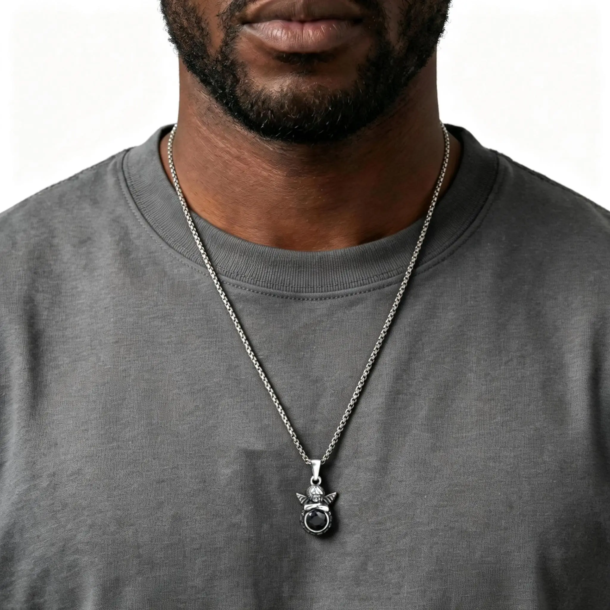 Halskette mit kleinem Engel-Anhänger für Männer und Jungen, Halskette mit rundem Naturstein-Anhänger aus Edelstahl, trendiger, lässiger Schmuck – Detail 5