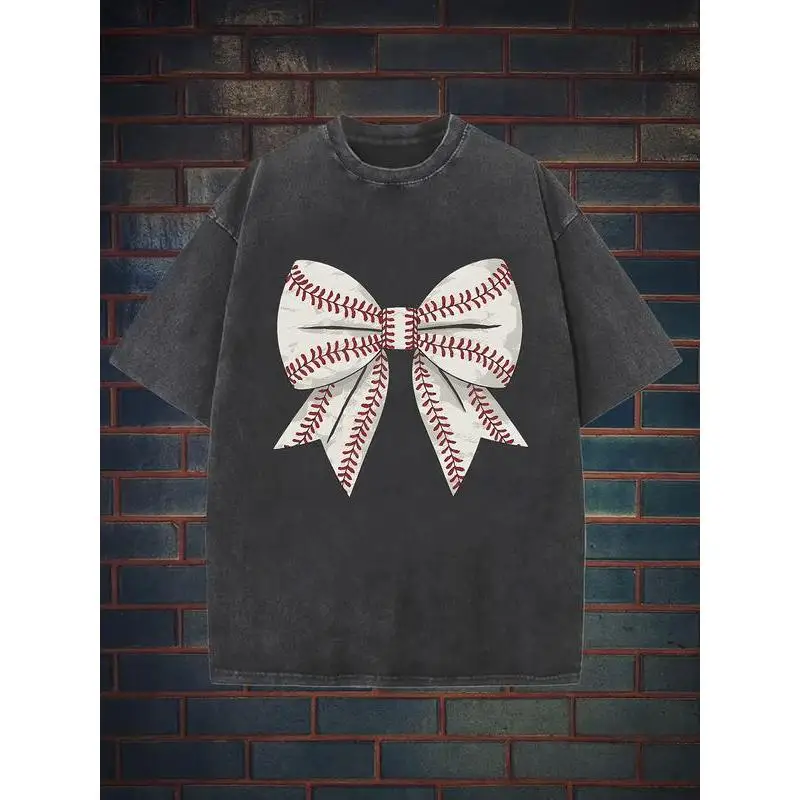 

Unisex Baseball Bow Graphic T-Shirt, Sports Theme Team Gift Tee, Casual Oversized Softball Game Day Top