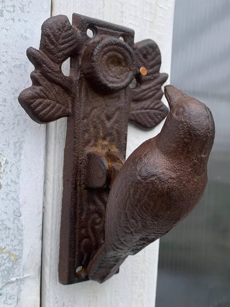 Vintage Rustic Cast Iron Door Handle with Bird and Leaf Design – Functional Art for Your Entryway