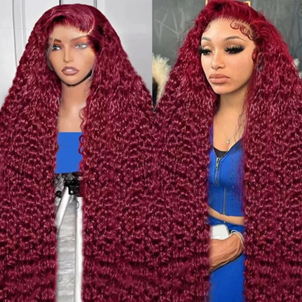 Burgundy 99J Deep Wave 13x4 Lace Front Human Hair Wig For Women 220% Density 13x6 HD Transparent Lace Frontal Curly Wigs Pre Plucked