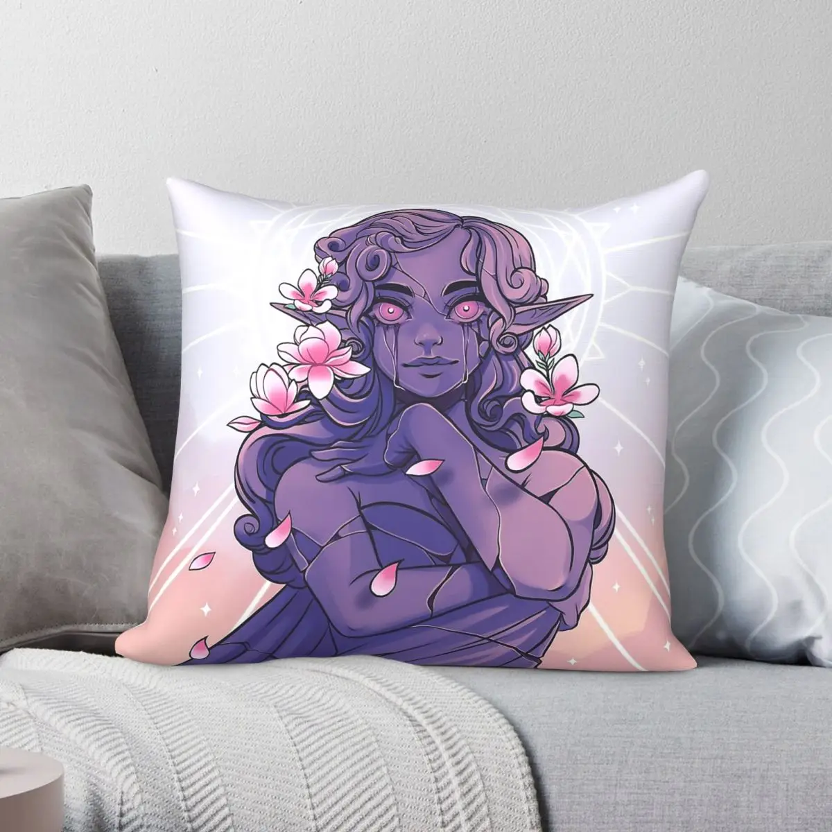 Elf Statue Magnolias Square Pillowcase Polyester Linen Velvet Printed Zip Decor Pillow Case Room Cushion Cover