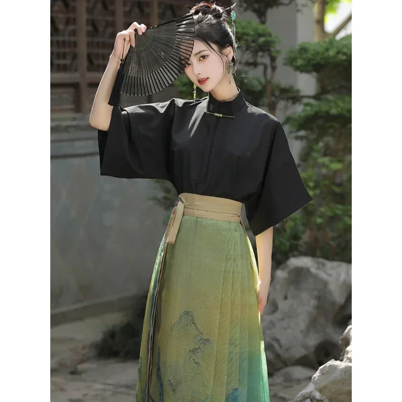 Blusa Hanfu preta elegante de manga curta para mulheres, saia chinesa, cara de cavalo, roupa diária, vestidos de baile