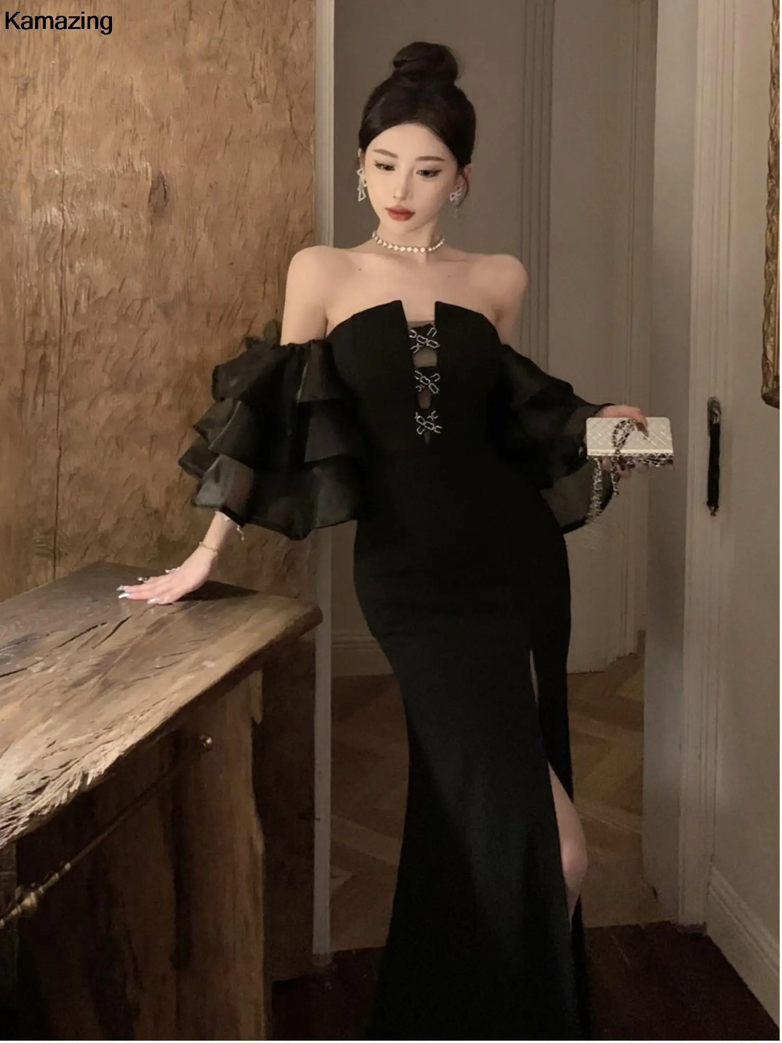 Fashion Sexy Black Party Prom Dresses Elegant Slim Waist Split Runway Robe Women Spring Summer Off Shoulder Vestidos Clothes