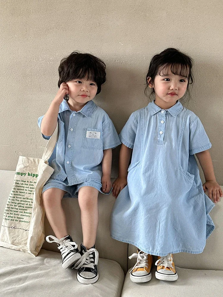 Cute Children\'s Denim Suit 2024 Summer Korean Fashion Loose Short Sleeves Tops Shorts 2pcs Toddler Cotton Tees Suit Solid Color