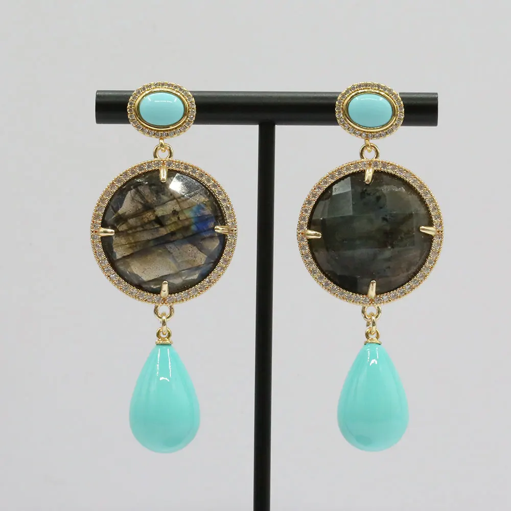 GG   Natural Coin Shape Labradorite Turquoise Blue Shell  Earrings-Jewelry Gift