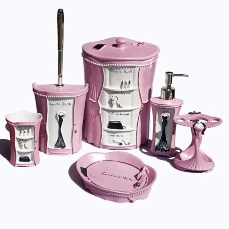 

Набор аксессуаров для ванной комнаты LUANT, 6 предметов: дозатор для мыла, стакан для мыла, подставка для туалетных принадлежностей, мусорная корзина и декор для туалета для девочек.