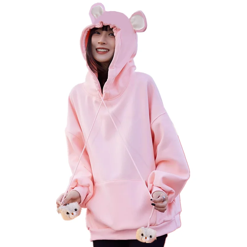 Harajuku Kawaii Bear Ears Hooded Sweatshirt Drop Sleeve Solid Hoodies Velvet Thick Casual Outwear Kawaii Girls Pullover Clothes