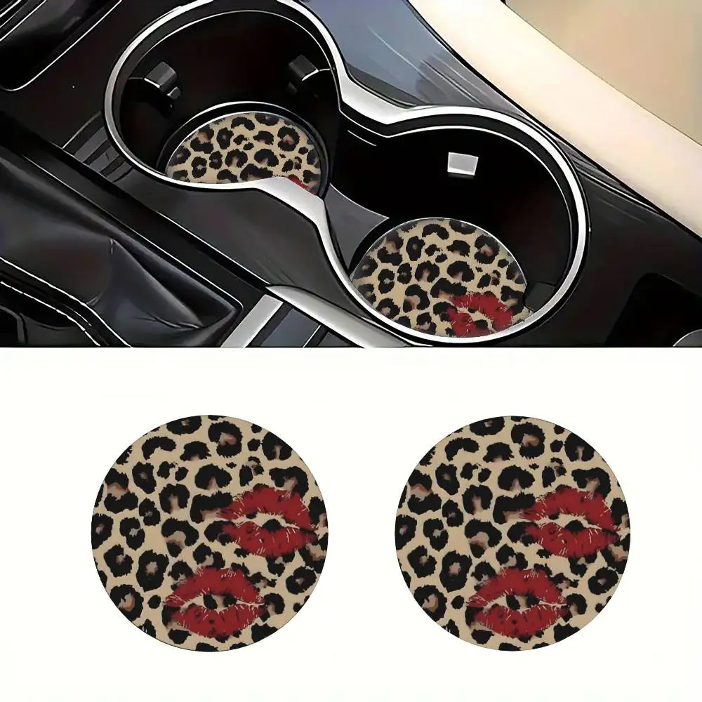 Leopard Print Red Lips Patchwork EVA Car Coasters 2pcs. Unisex Universal Car Accessories Holiday Gifts For Friends & Family.