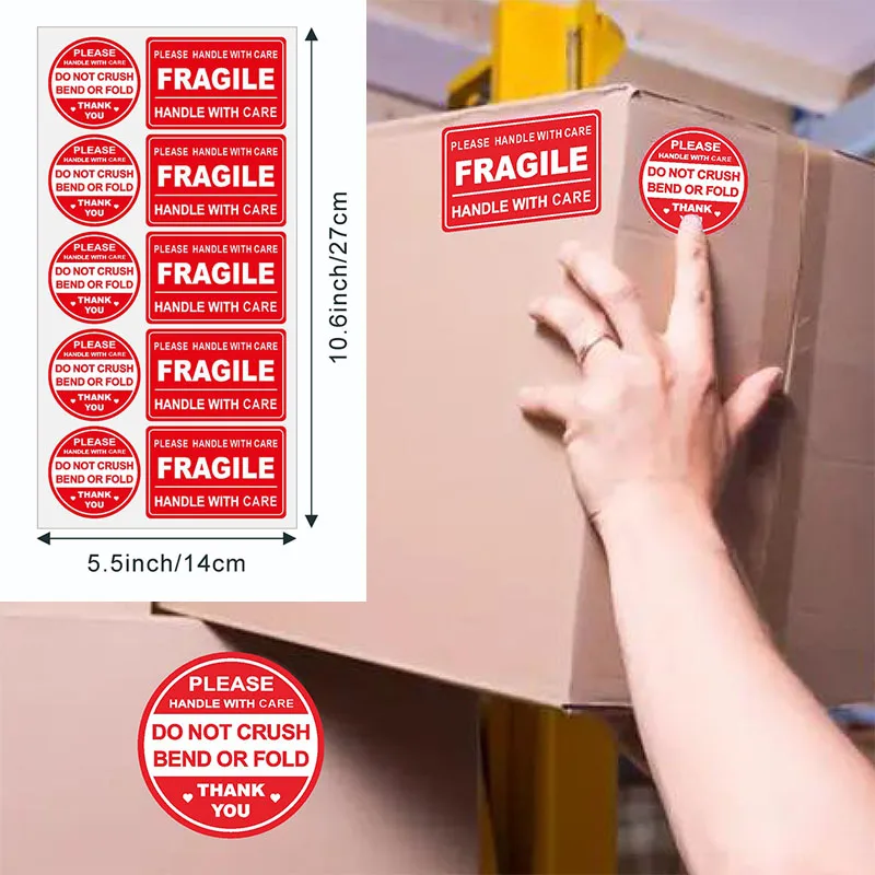 Autocollants fragiles pour l'expédition, adhésif fort, ne bouge pas d'écraser ou plier, étiquette de panneau d'avertissement rouge, autocollants pour enveloppes de mouvement du colis