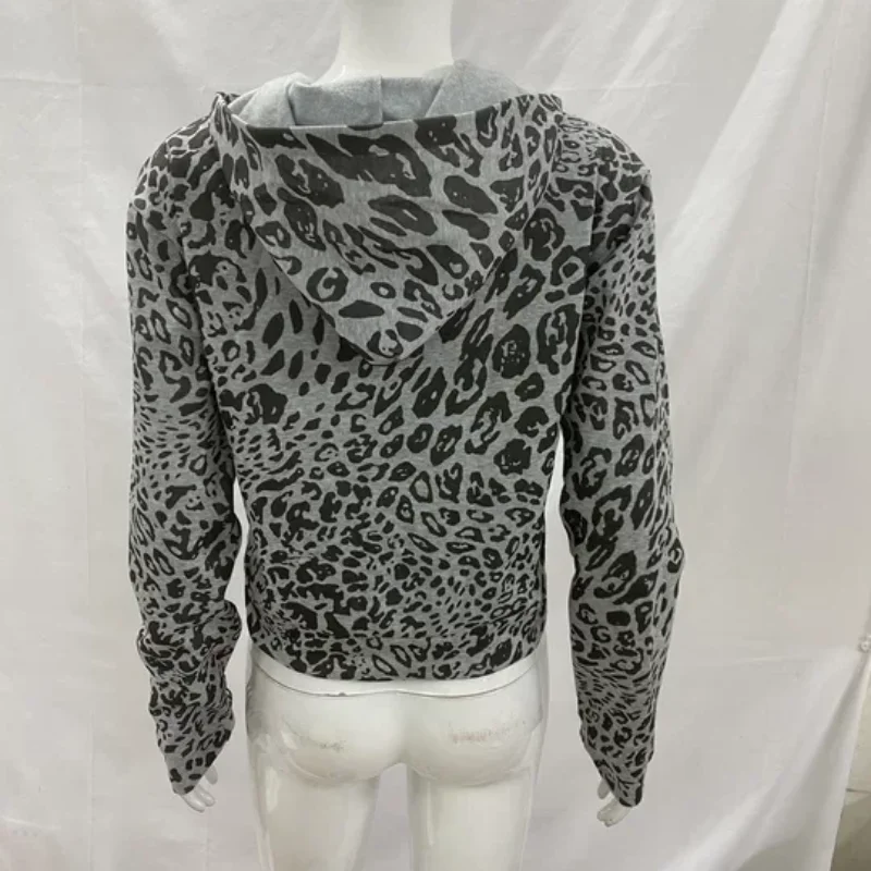 패션 하이 스트리트 레오파드 프린트 후드 스웨트셔츠 미국 가을 루즈핏 지퍼 긴팔 가디건 숏탑 여성 의류