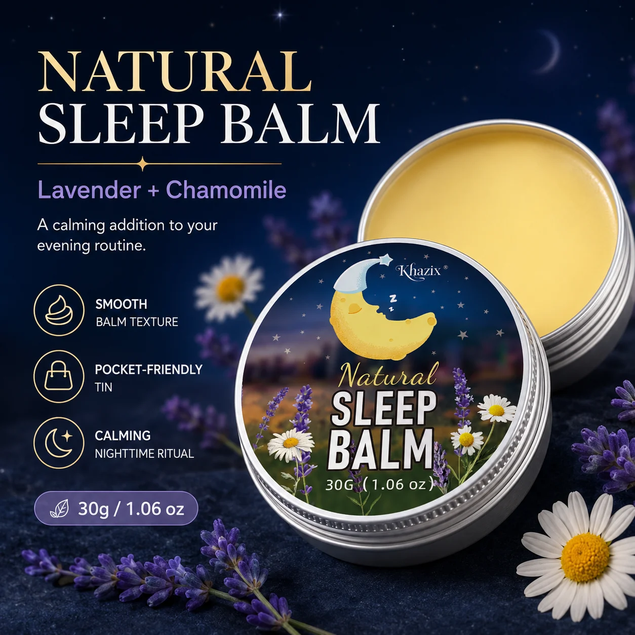 30g Sleep Balm Lavender Chamomile Nighttime Balm Calming Aroma Smooth Skin Friendly Pocket Size for Bedtime Routine Travel