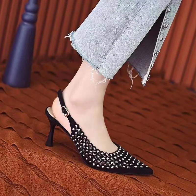 2025 New Diamond High Heels for Women Button Back Strap Sexy Wedding Shoes for Brides Slim Heels Pointed Toe Sandals