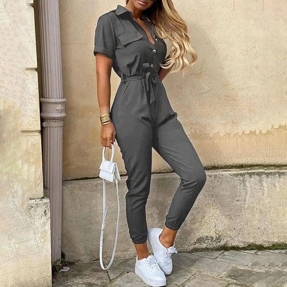 Solid Color Jumpsuit Lady Jumpsuit Chic Striped Print Jumpsuit Elegant Ol Commute Style with Slim Waist Lace-up for Women