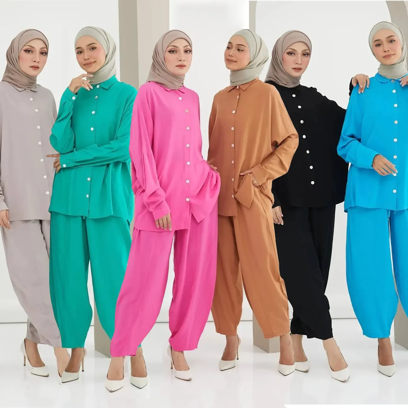 Indonesian Fashion Harun Pants Muslim Sets Fashion Batwing Sleeve Single-breasted Tops+Loose Casual Pants 2pcs Autumn Pant Sets