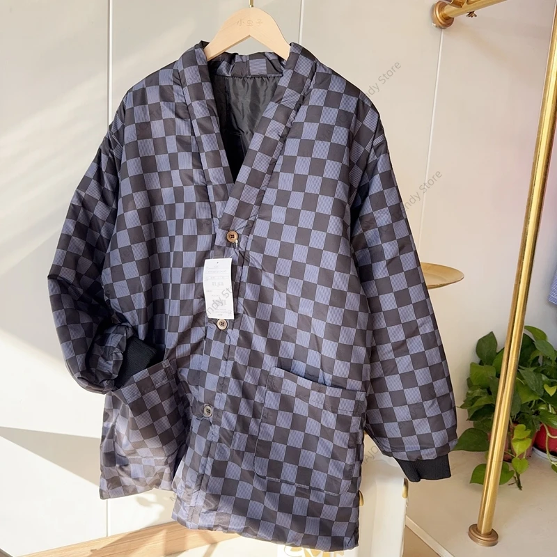 

Men's Winter Padded Jacket Japanese Style Plaid Kimono Cardigan Vintage Checkerboard Warm Cotton Coat Loungewear Top