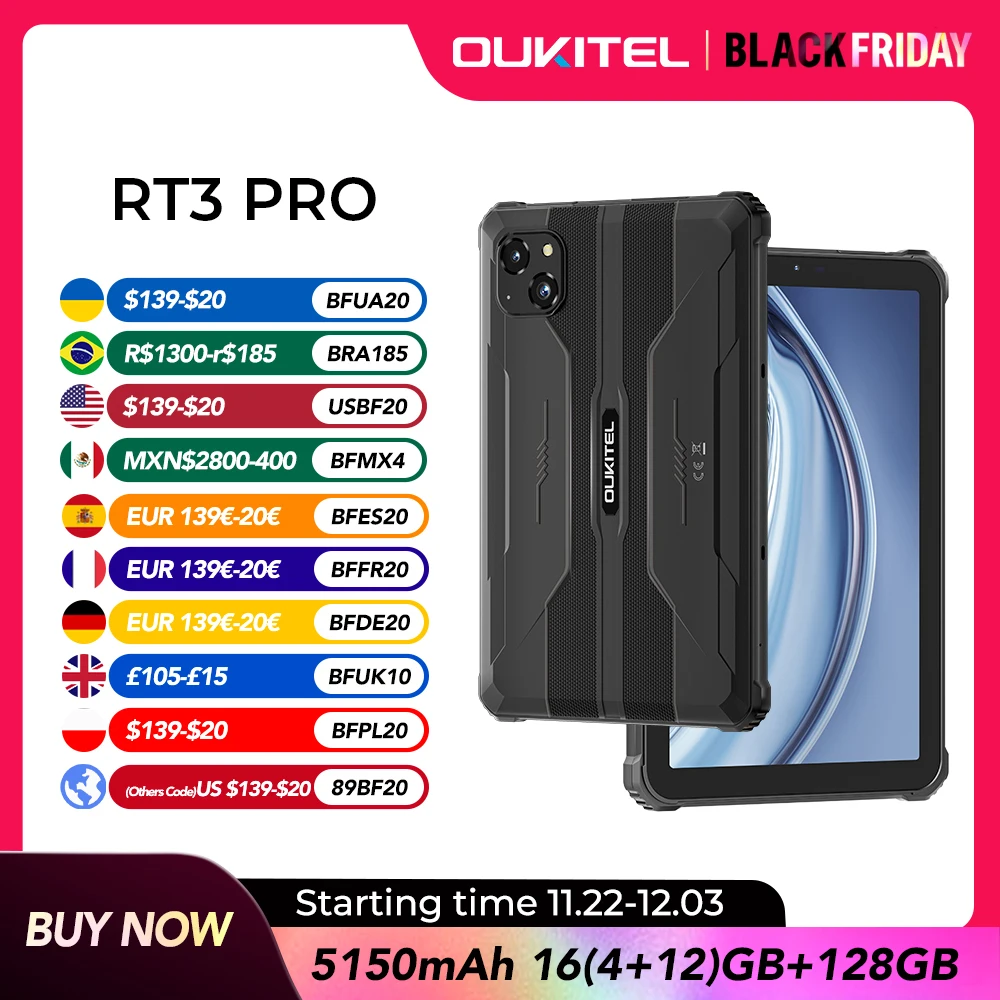 Oukitel RT3 PRO بطارية 5150 مللي أمبير في الساعة شاشة 8 بوصة عالية الدقة 13.9 ملم ملف تعريف فائق النحافة IP68 & IP69K & MIL-STD-810H