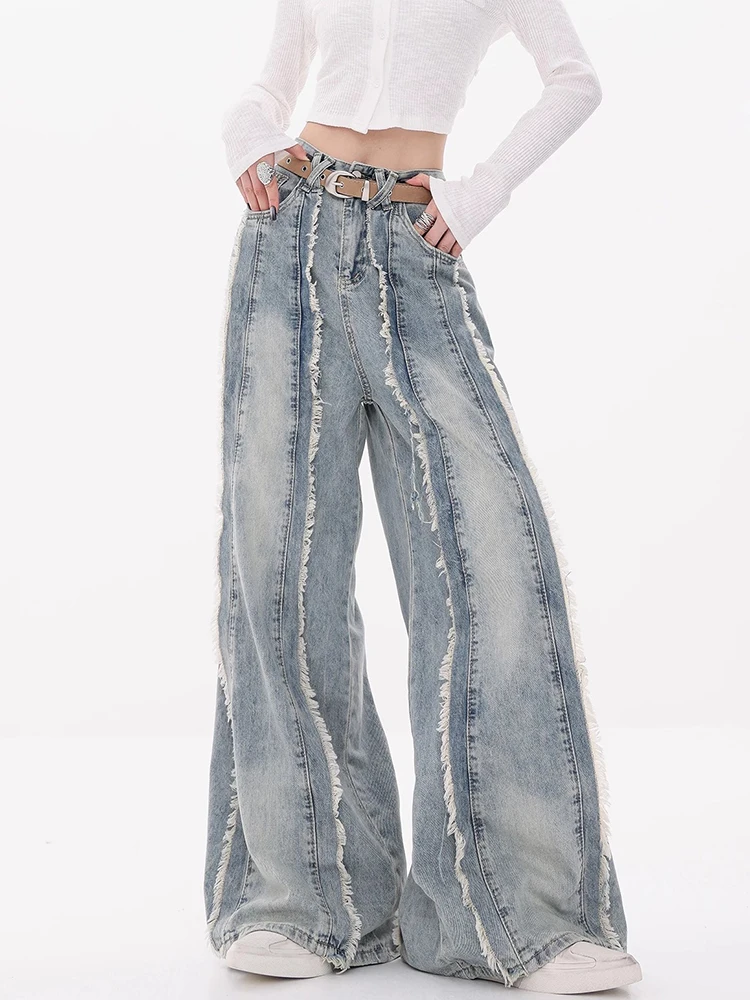 Vintage Ripped Jeans Women High Waist Wide Leg Tassel Denim Pants Couple Baggy Pants Fashion Denim Pants Loose Casual Trousers