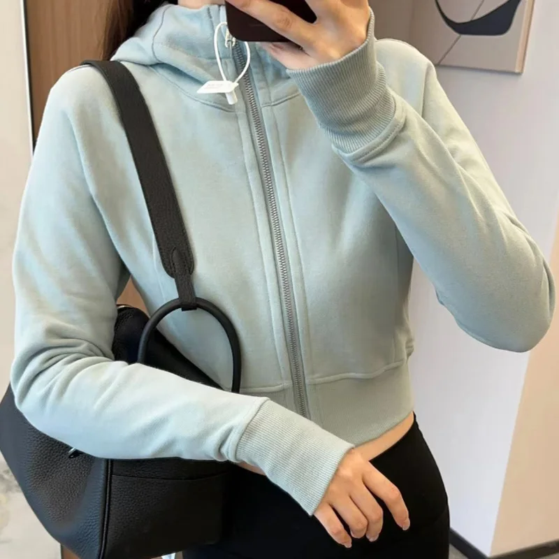 Women Oversized Hoodie Short Jackets No Fleece Sweatshirts Soft Thumbholes Leisure Sporty Coat