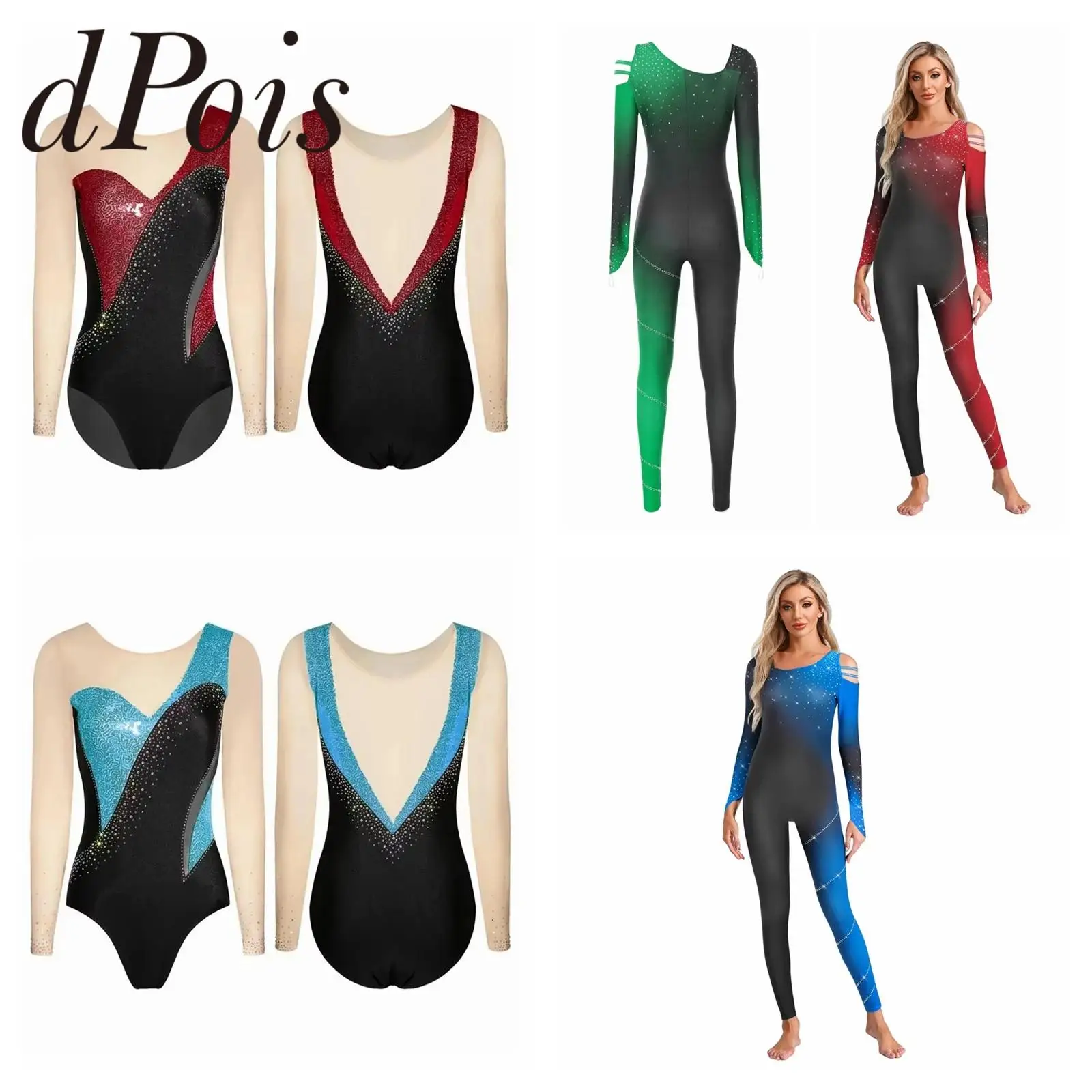 Women Gradient Color Gymnastics Jumpsuit Ballet Outfits Bodysuit Leotards Unitard Figure Skating Dance Performance Costume