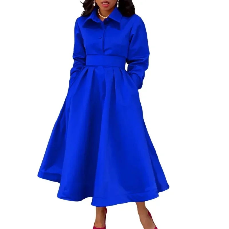 

Women Autumn Dress Ladies Casual Plus Size Slim Office Dress Retro Elegant V-Neck High Waist Blue Long Sleeve Party Dress