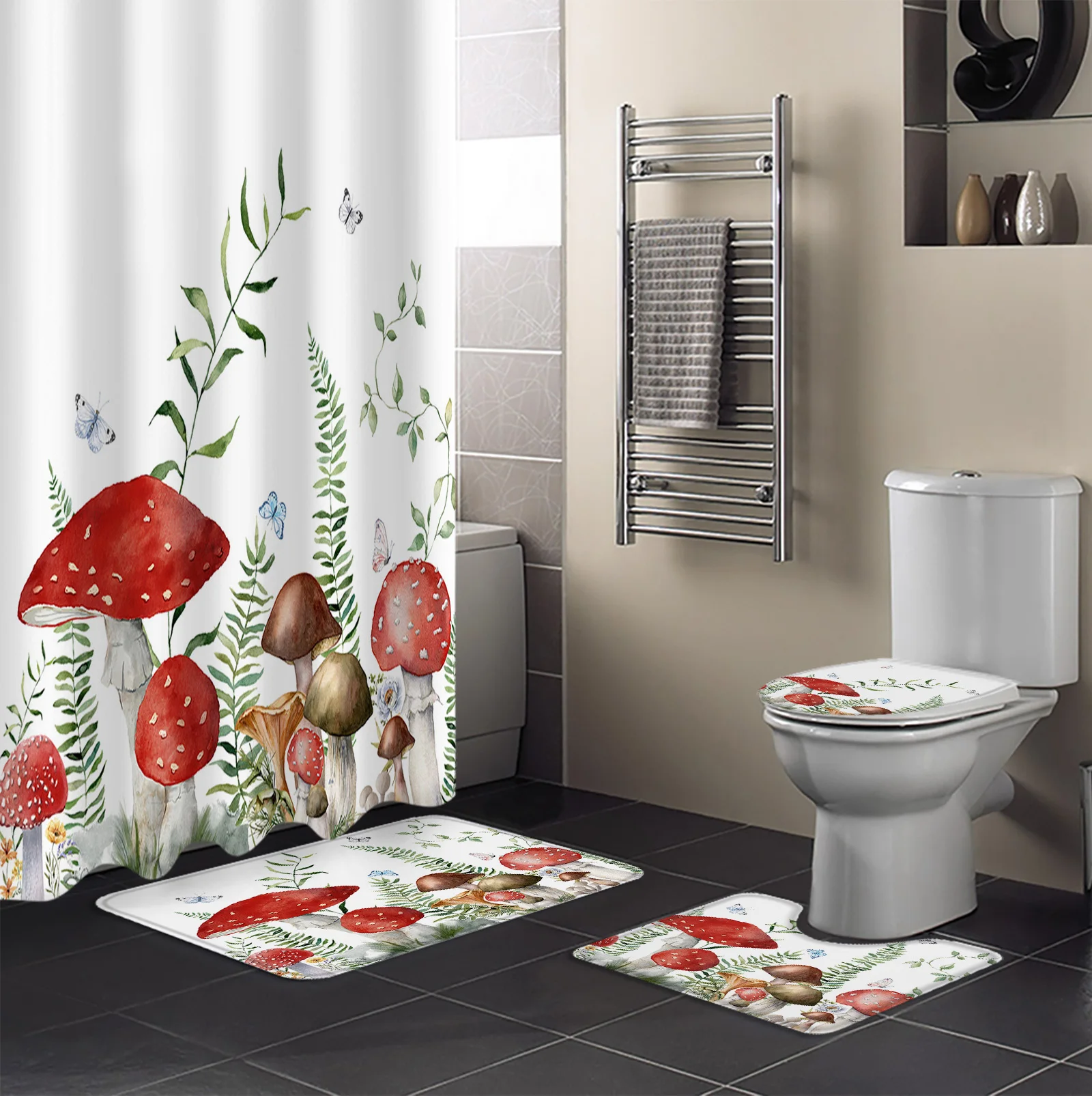 Mushroom Green Plant Butterfly Shower Curtain Set Non-Slip Rugs Bath Mat Toilet Lid Cover Waterproof Polyester Bathroom Curtain